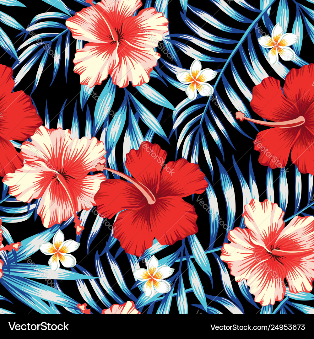Tropical Hibiscus Palms Blue Vector Image