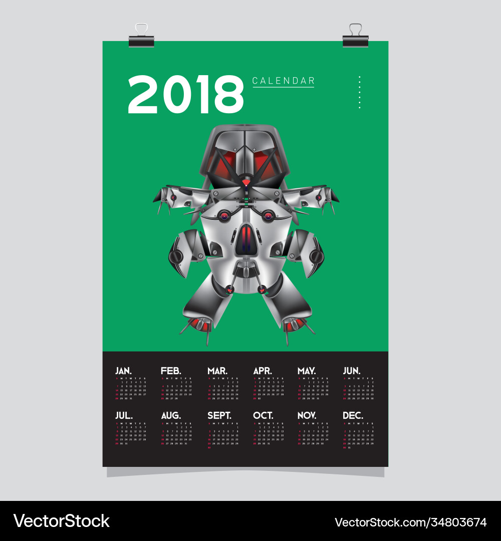 2018 calendar design template 3d realistic robot 2018 calendar design template 3d realistic robot vector image