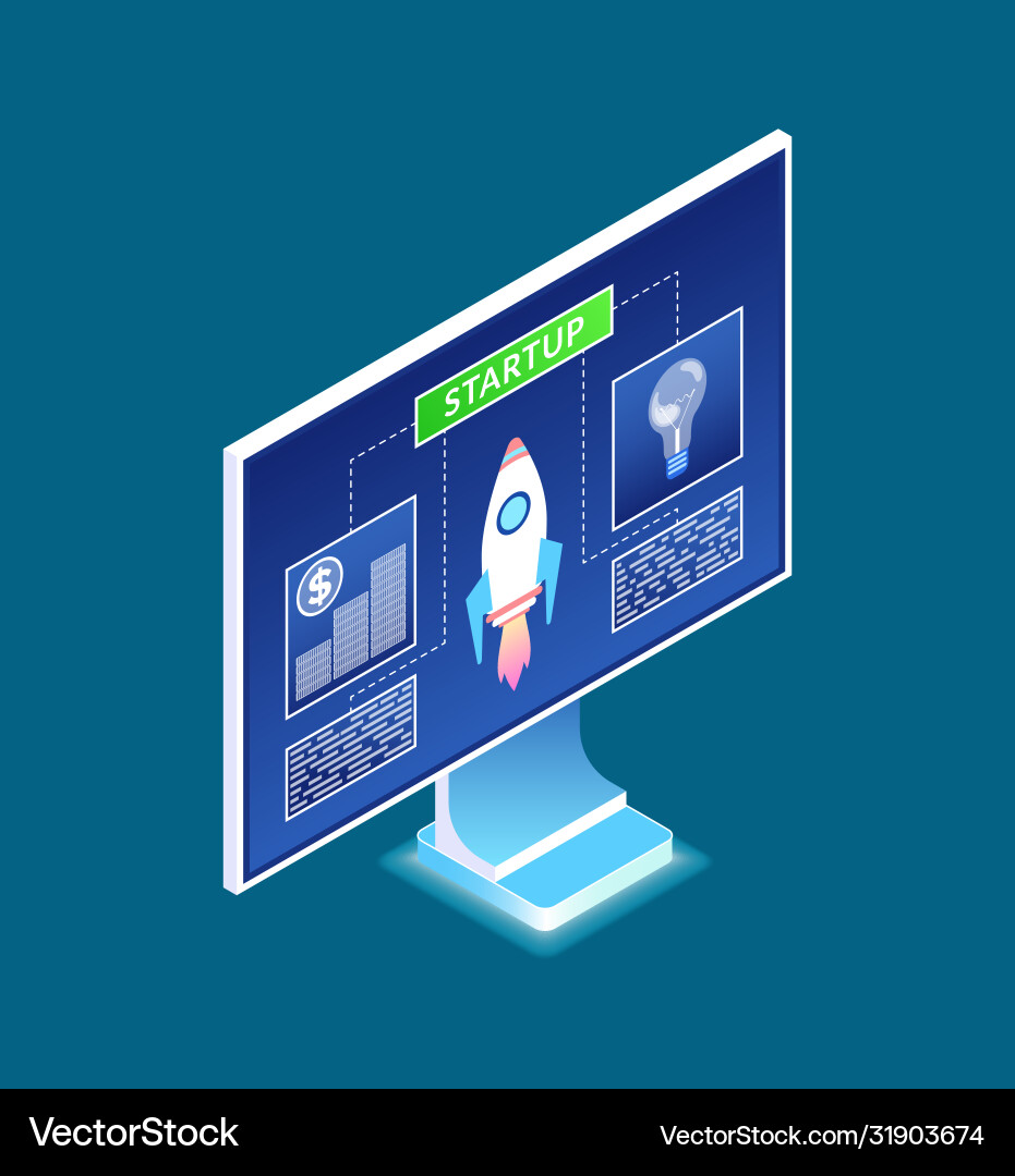 Monitor computer with info and rocket launching Monitor computer with info and rocket launching vector image