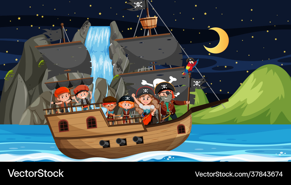 Schatz Insel Szene in der Nacht mit Piratenkindern Schatz Insel Szene in der Nacht mit Piratenkindern vektorbild