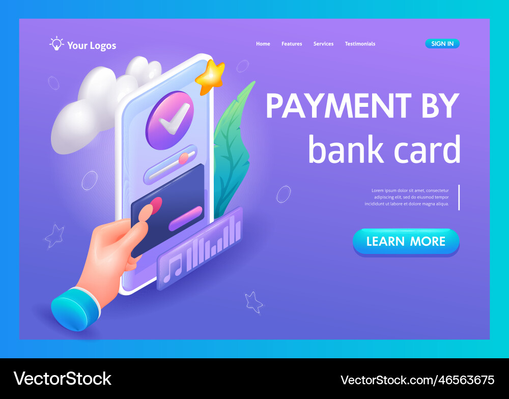 3d isometric cartoon payment by bank card via 3d isometric cartoon payment by bank card via vector image
