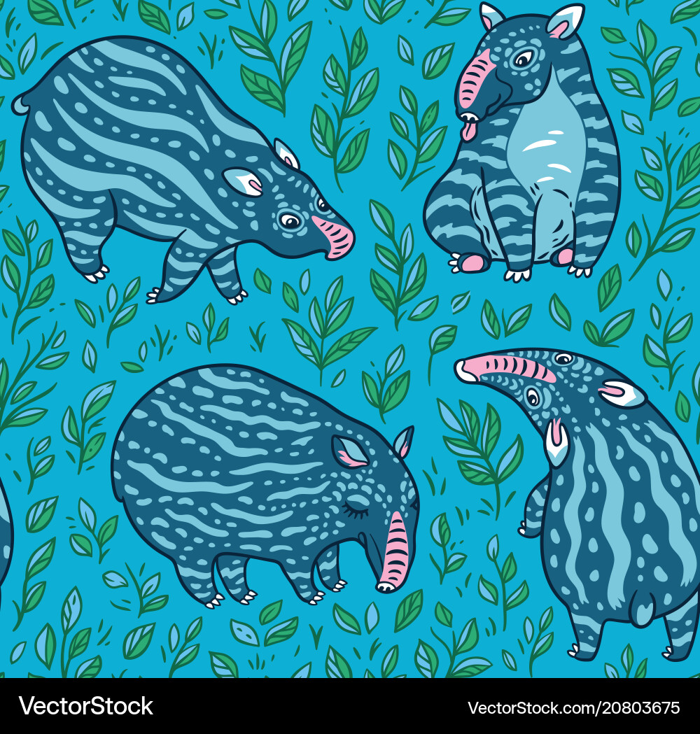 Cartoon tapirs seamless pattern blue Cartoon tapirs seamless pattern blue vector image