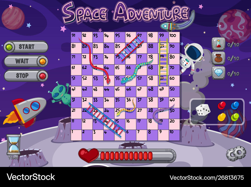 Snakes and ladders game with space background Snakes and ladders game with space background vector image
