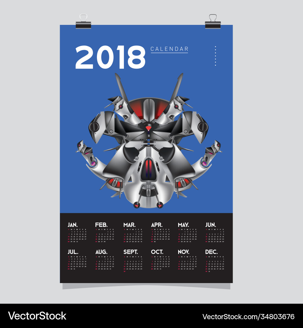 2018 calendar design template 3d realistic robot 2018 calendar design template 3d realistic robot vector image