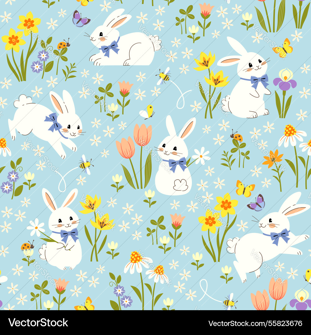 Blue Easter Bunny Floral Pattern vector image