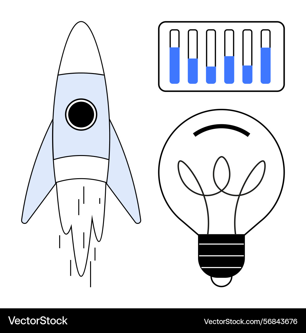 Rocket launch with light bulb and progress bar Rocket launch with light bulb and progress bar vector image