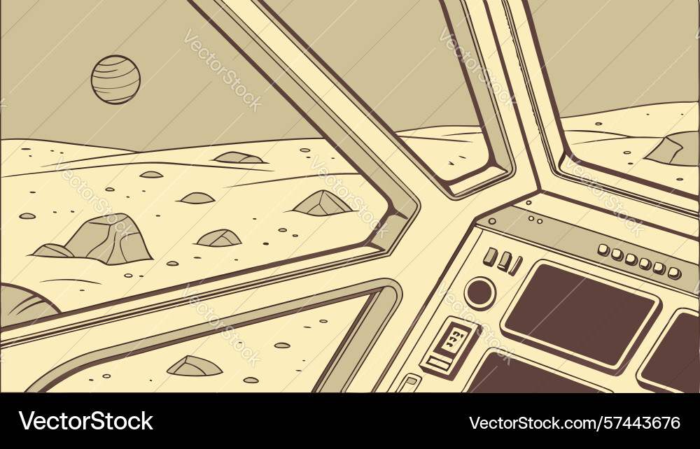 Spaceship cockpit with controls and moonlit view Vector Image