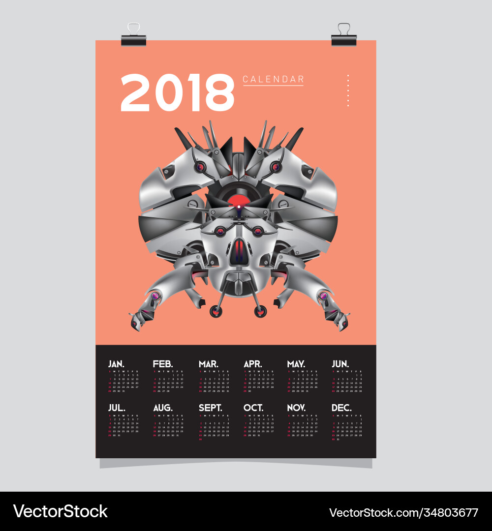 2018 calendar design template 3d realistic robot vector image