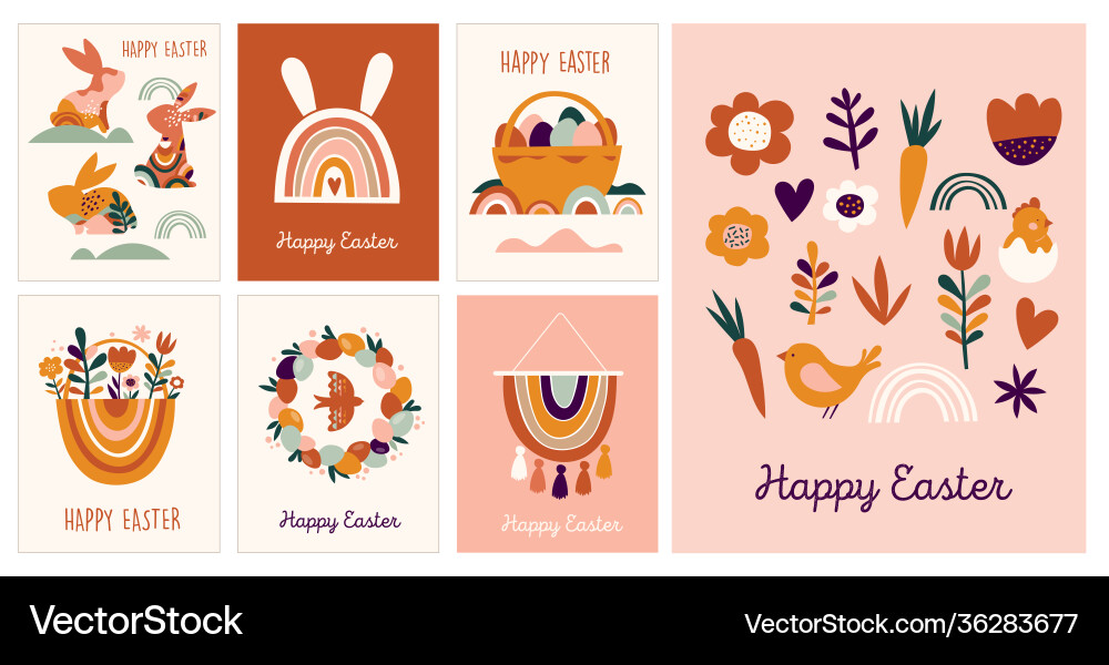 Bohemian Easter Cards - Bunnies & Rainbows Vector Image