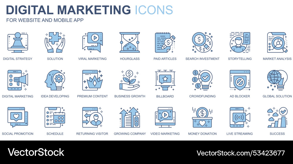 Digital marketing web icons set in duotone line vector image