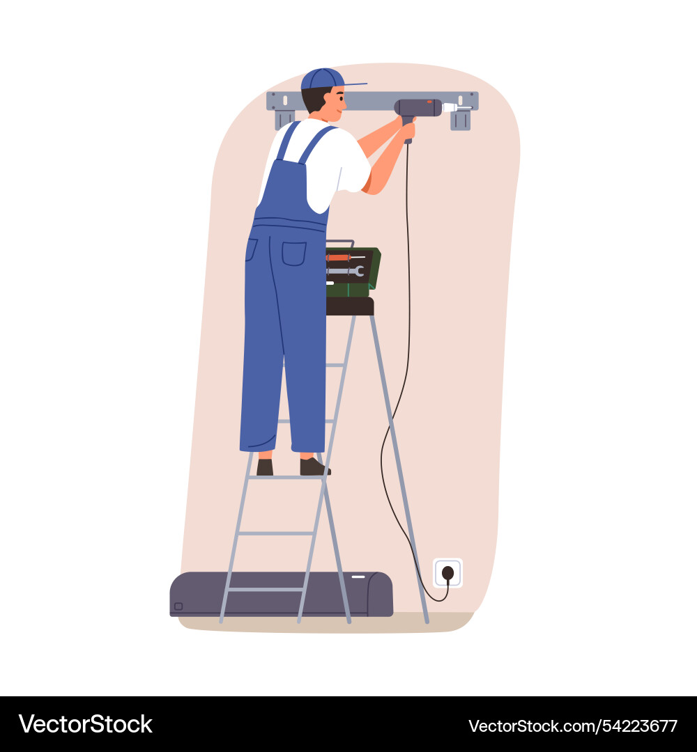 Worker installing air conditioning unit Worker installing air conditioning unit vector image