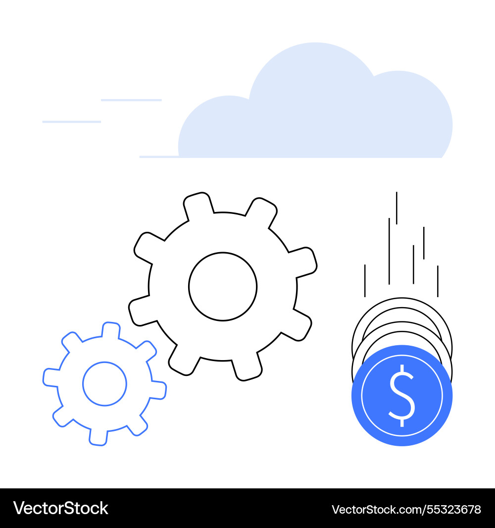 Gears in motion with coins falling under cloud Vector Image