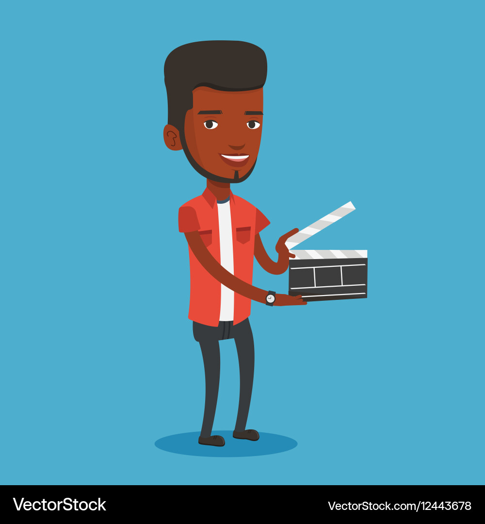 Smiling man holding an open clapperboard vector image