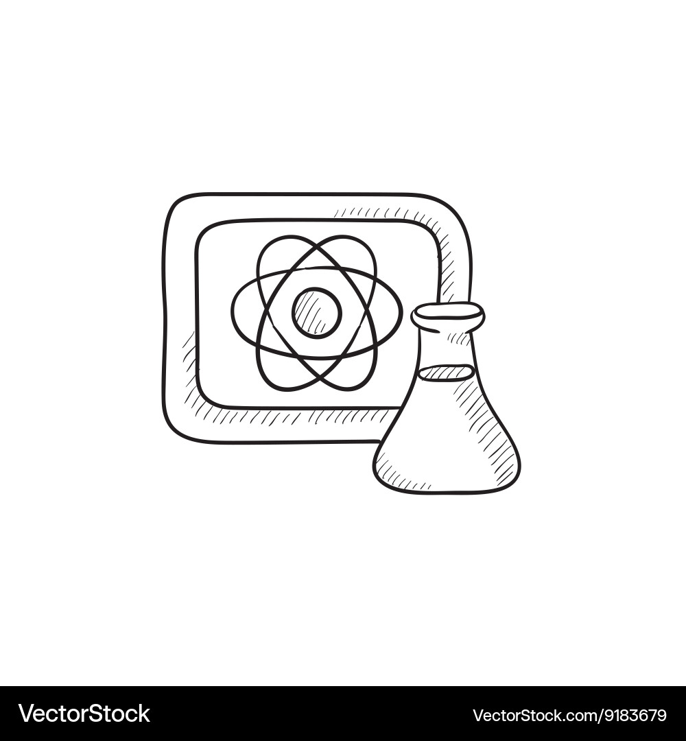 Atom sign drawn on board and flask sketch icon Vector Image