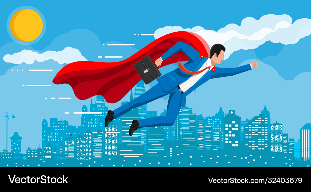 Superhero businessman flying over cityscape in sky Superhero businessman flying over cityscape in sky Vector Image
