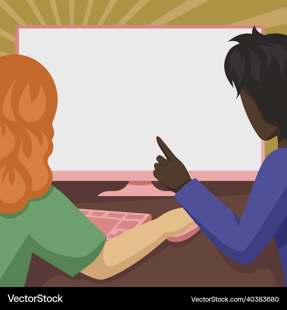 Couple drawing using desktop computer helping Vector Image