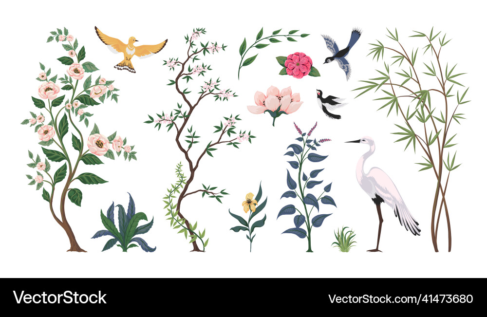 Japanese Chinoiserie Birds & Blossoms Vector Image