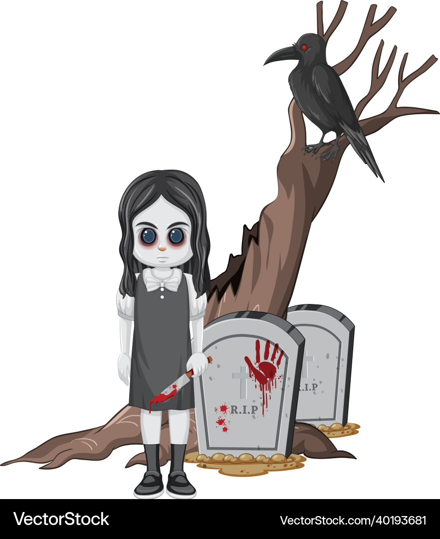 Little ghost girl with gravestone and crow Little ghost girl with gravestone and crow vector image