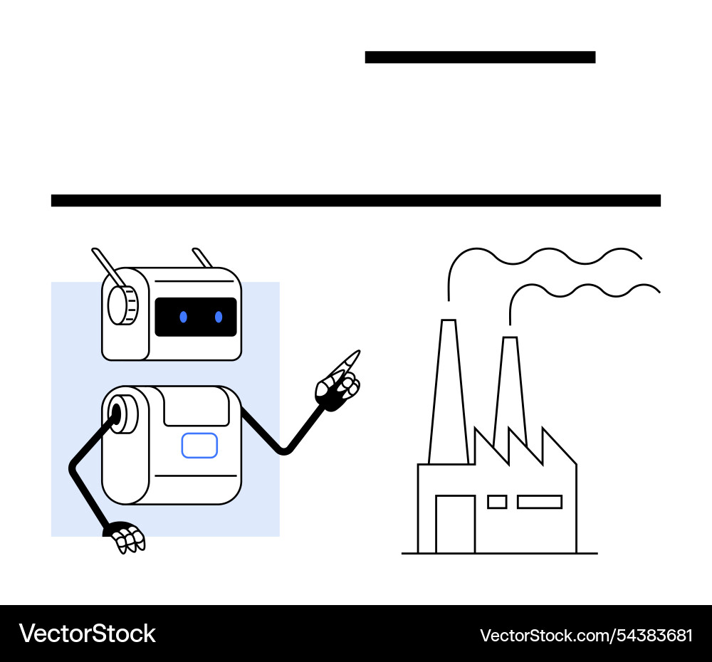 Robot pointing at factory with smoke stacks Robot pointing at factory with smoke stacks vector image