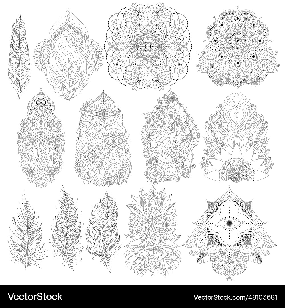Set of black and white boho design elements Set of black and white boho design elements Vector Image