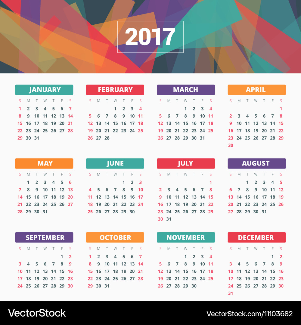 2017 Calendar - Monthly View Vector Image