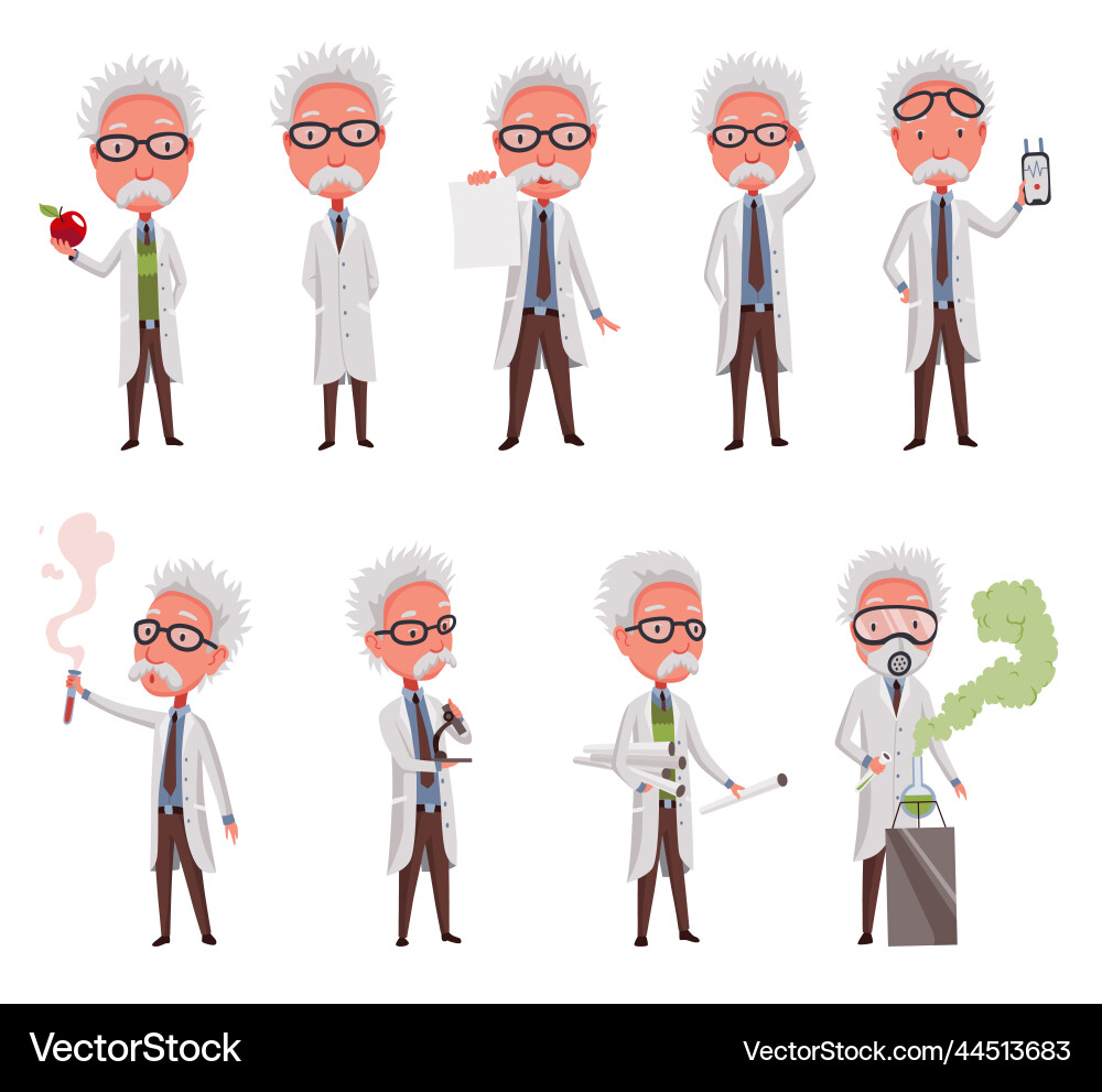 Old scientist set funny moustached characters Old scientist set funny moustached characters Vector Image
