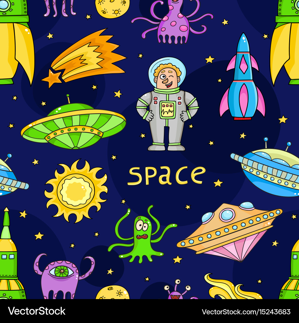 Seamless pattern with space objects - ufo rockets Vector Image