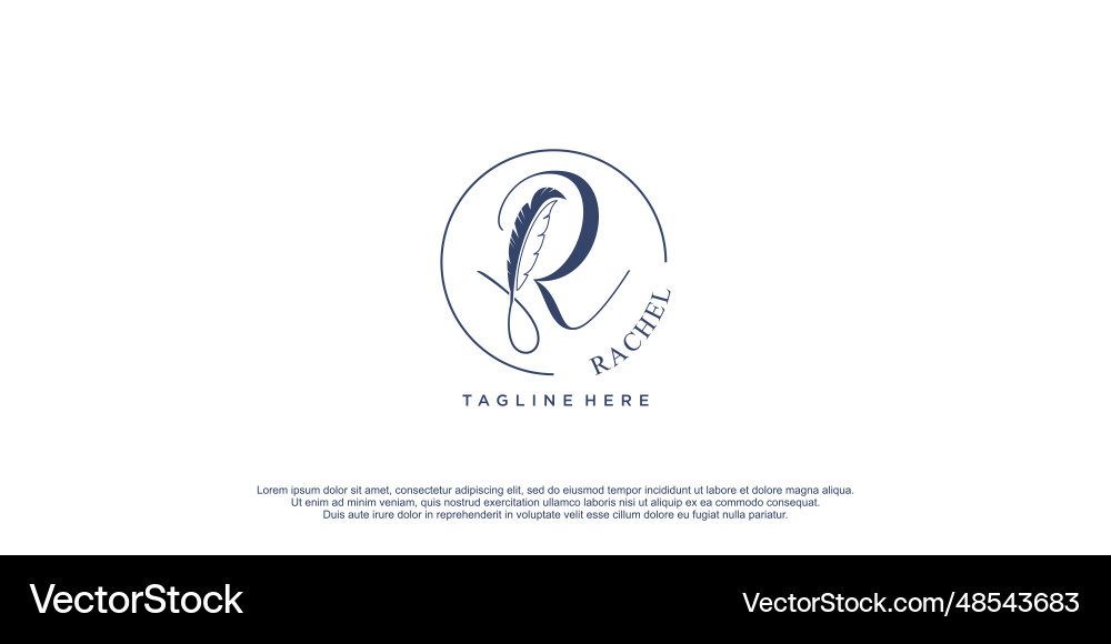 Sign logo with feather element and initial r Sign logo with feather element and initial r vector image
