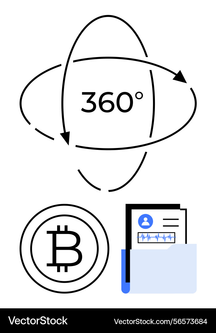 360 view concept with bitcoin and document folder 360 view concept with bitcoin and document folder vector image