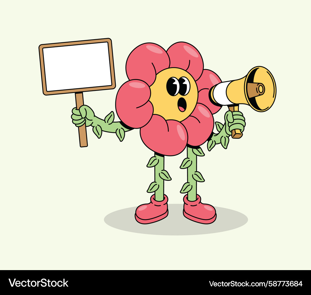 Cheerful Flower Character with Megaphone Vector Image