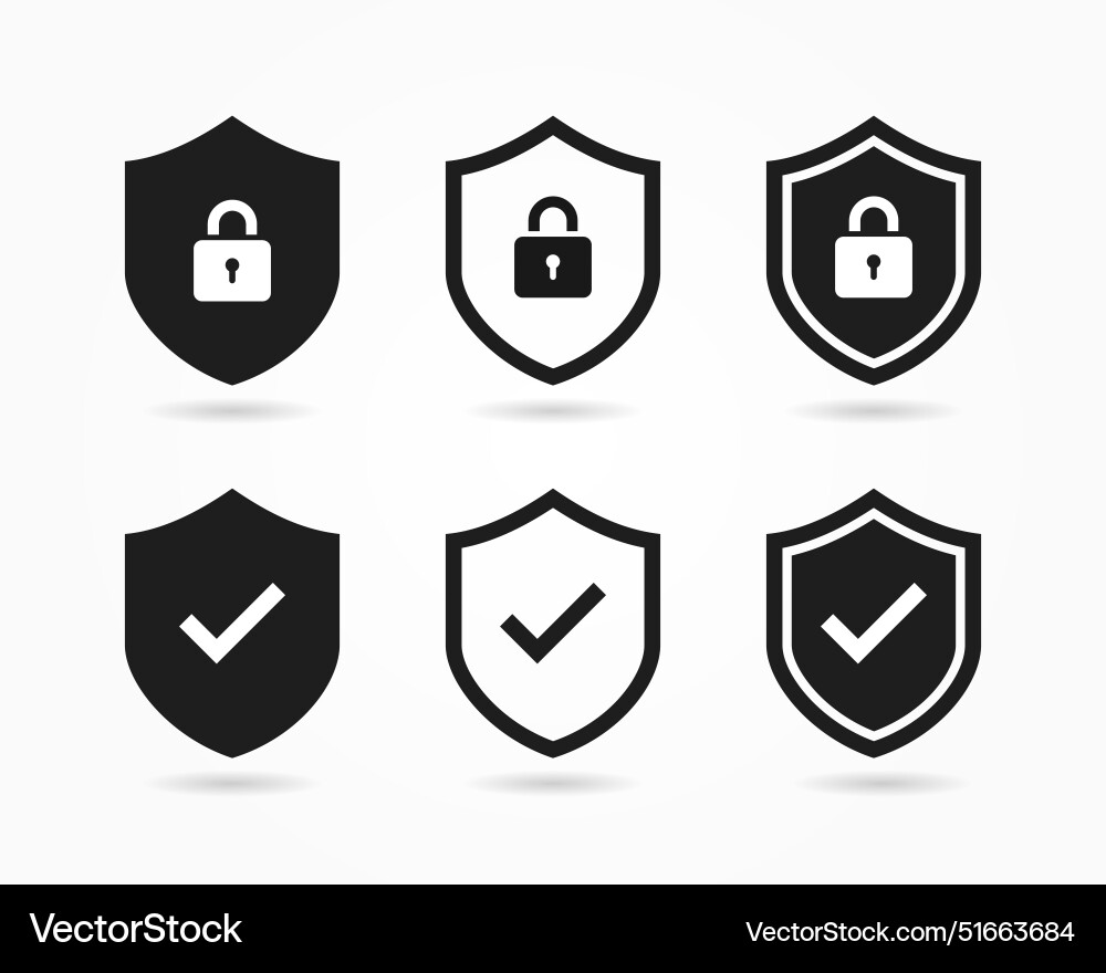 Set of security shield with check mark and padlock Set of security shield with check mark and padlock vector image