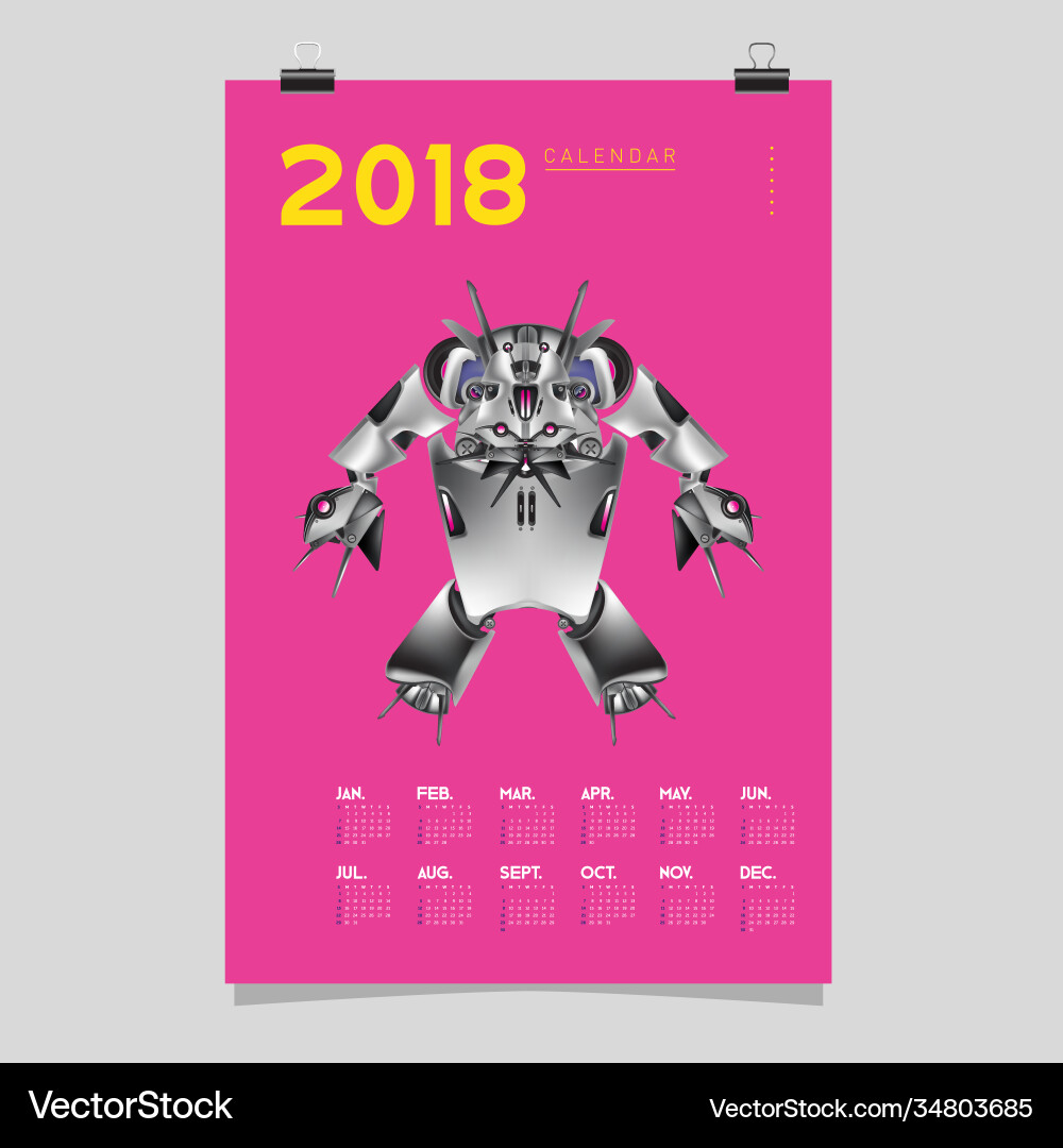 2018 calendar design template 3d realistic robot 2018 calendar design template 3d realistic robot vector image
