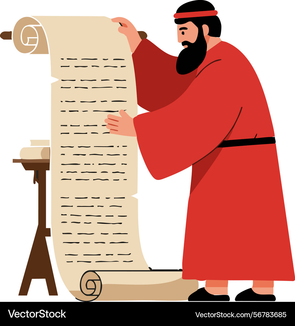 Ancient man reading long scroll manuscript in red Ancient man reading long scroll manuscript in red vector image