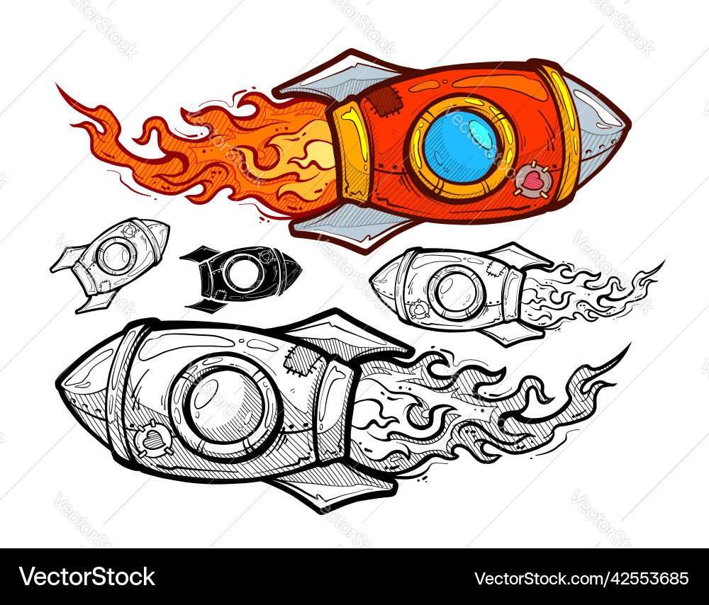 Cartoon red space rocket flying with heart sticker Cartoon red space rocket flying with heart sticker vector image