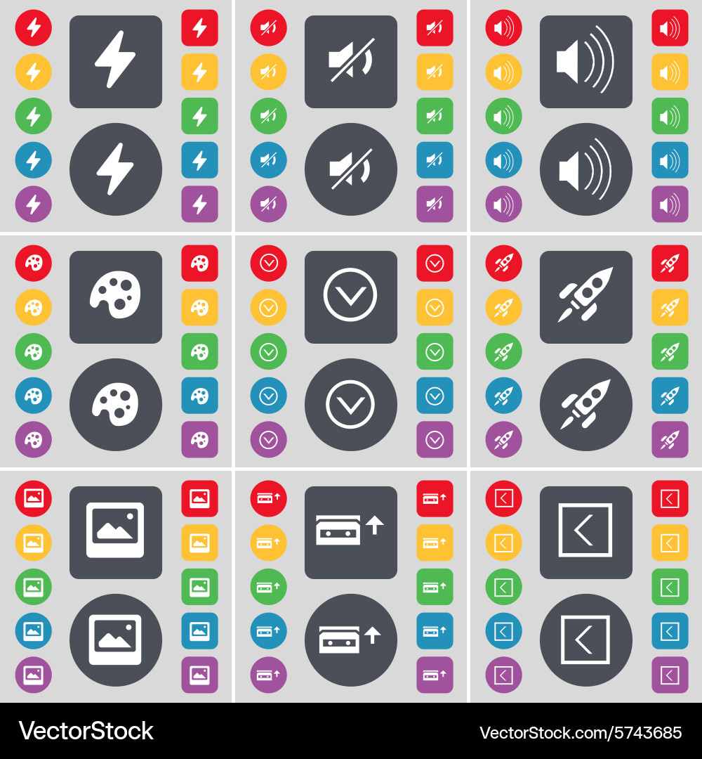 Flash mute sound palette arrow down rocket window vector image