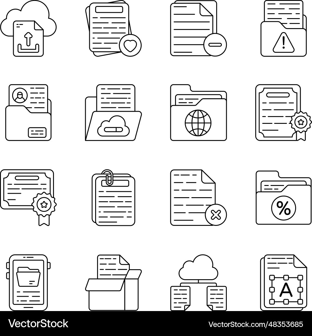 Pack of files and data linear icons vector image