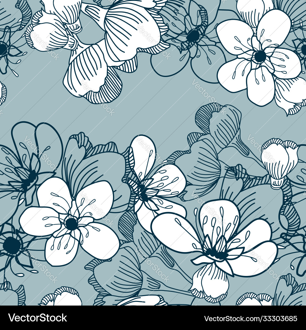 Weiße Kirsche Blumen blau nahtloses Muster Weiße Kirsche Blumen blau nahtloses Muster vektorbild
