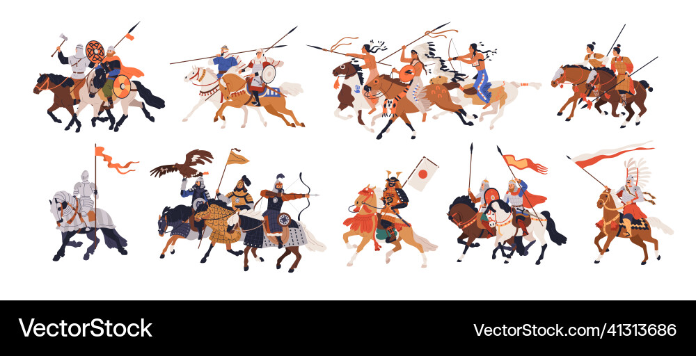 Ancient medieval horse warriors history set Ancient medieval horse warriors history set vector image