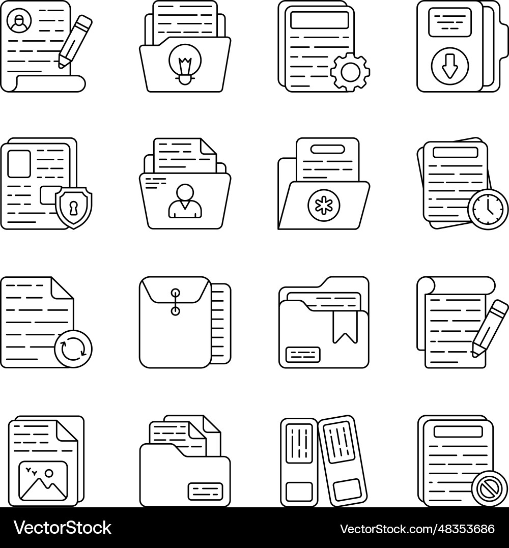 Pack of files and archive linear icons vector image