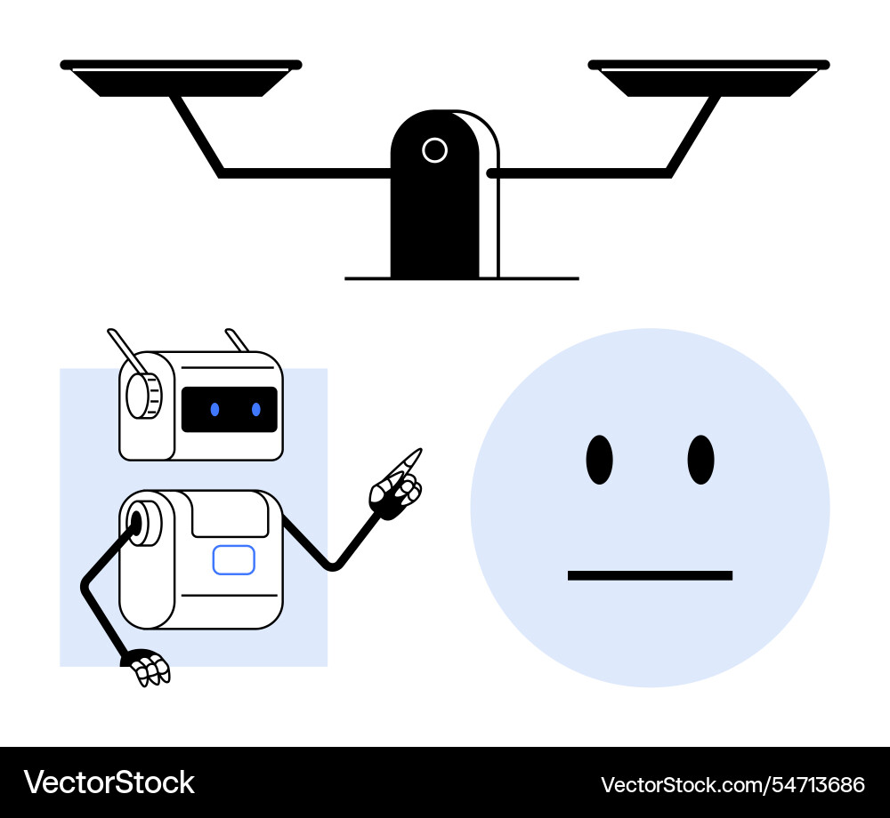 Robot pointing to balance scale and neutral face Vector Image