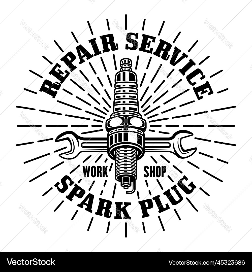 Spark plug and wrench with rays emblem vector image