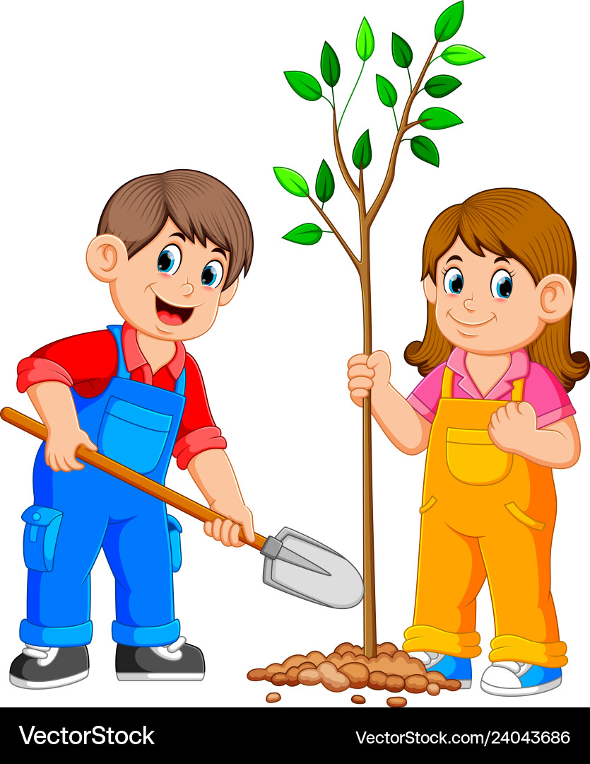 Two kids planting a tree vector image