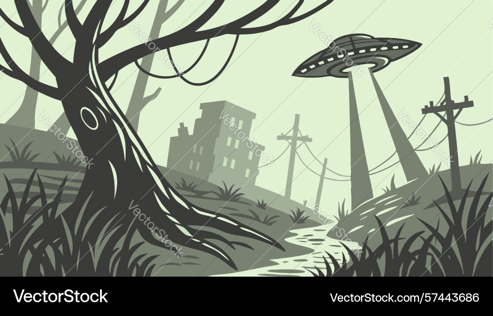 Ufo hovering over graveyard with bare trees Vector Image