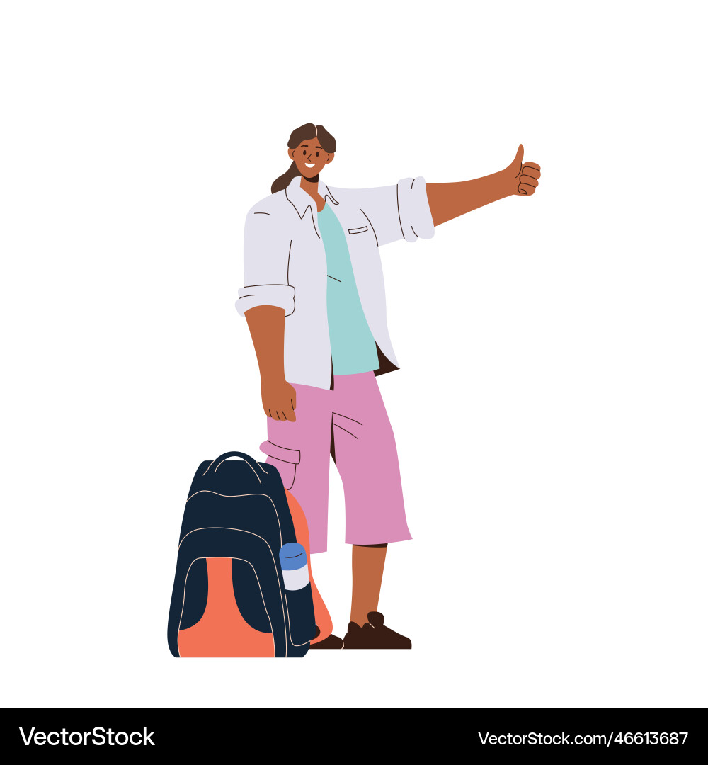Young woman traveler raising hand with thumbsup Young woman traveler raising hand with thumbsup vector image
