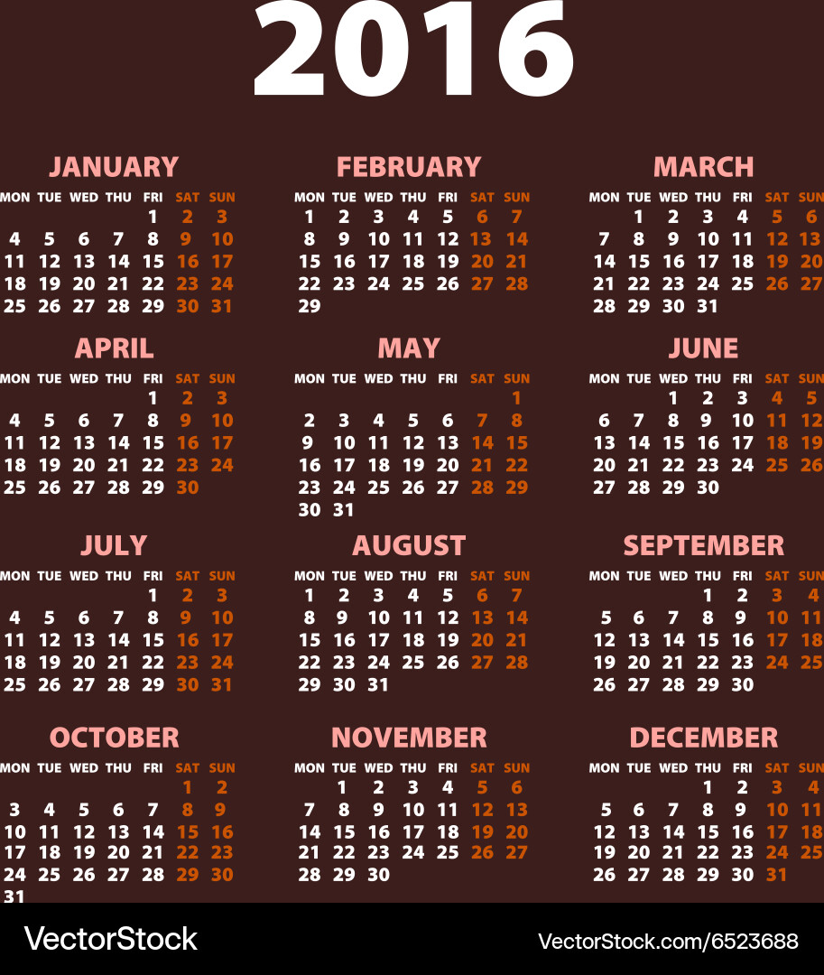 2016 calendar simple design date color vector image