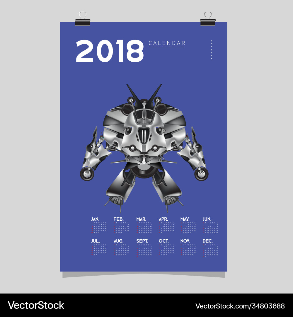 2018 calendar design template 3d realistic robot 2018 calendar design template 3d realistic robot vector image