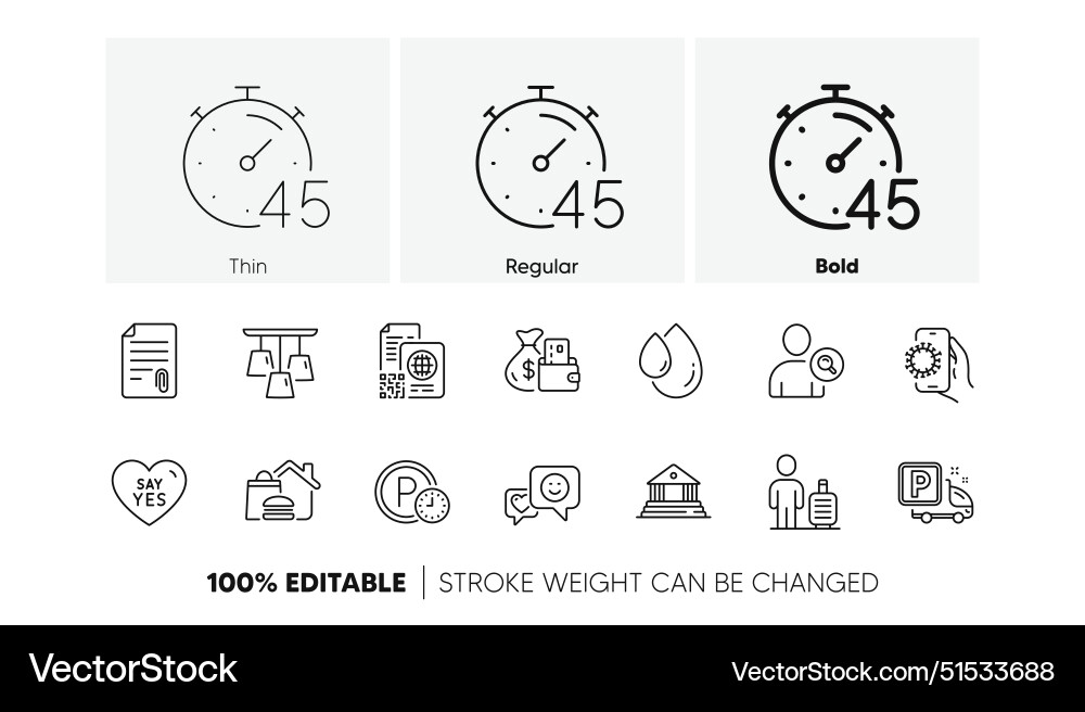 Baggage timer and find user line icons for web Baggage timer and find user line icons for web vector image