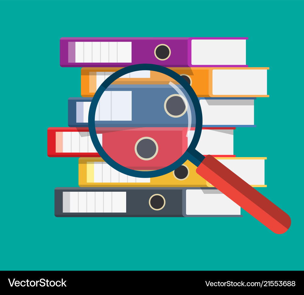 Files ring binders and magnifying glass Files ring binders and magnifying glass vector image
