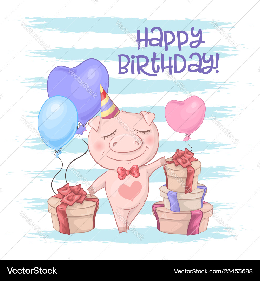 Postcard cute pig with balloons cartoon style Postcard cute pig with balloons cartoon style vector image