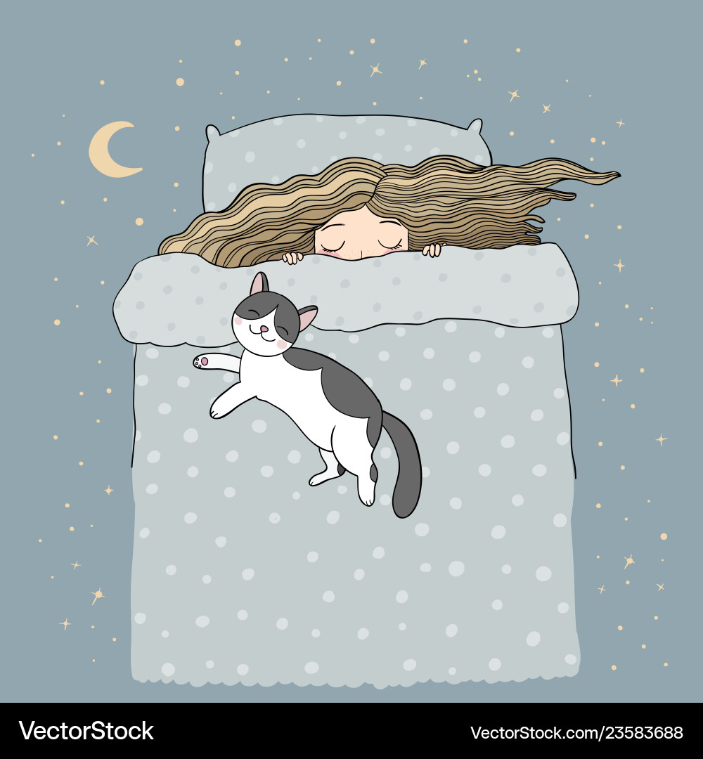 Schlafende Mädchen und Katzen gute Nacht süße Träume Schlafende Mädchen und Katzen gute Nacht süße Träume vektorbild